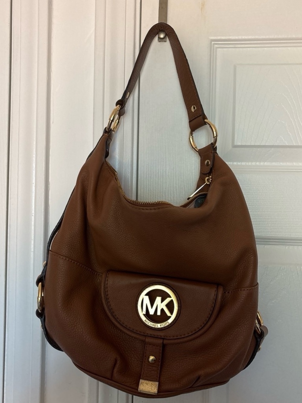 Michael Kors Chestnut Brown Pebbled Leather Hobo with Gold MK Emblem
